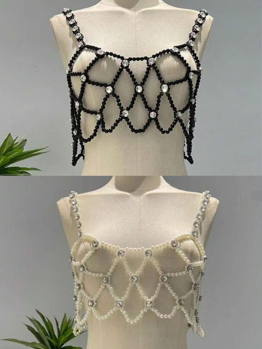 1pc Handmade Beaded Hollow Faux Pearl & Rhinestone Boho Style Necklace Chain Jewelry Accessory For Women, Suitable For Dates, Weddings, Parties, Summer Beach Vacation And Daily Wear