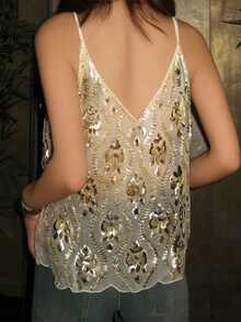 Women's Summer Slim Camisole Sparkly Sequin Spaghetti Strap V-Neck Sheer Mesh Tank Tops Streetwear - 紫紅色 - 查看 2