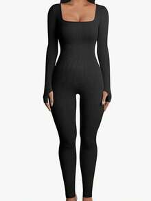 Womens Workout Winter Long Jumpsuits Seamless Yoga Gym Bodycon Rompers Sexy Unitard Tummy Control - Black - View 2