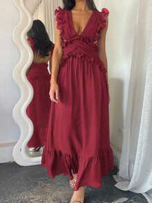 Unadoll Women's Casual Vacation Deep V Sexy Backless Ruffle Hem Dress, Suitable For Beach, Travel, Daily Life, Date, Music Festival And Back To School - Burgundy - View 5