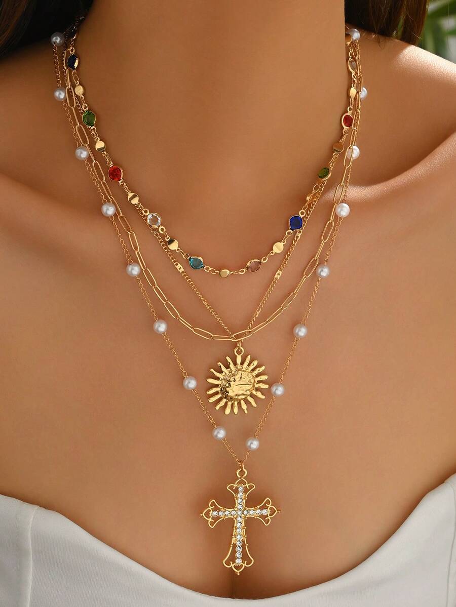 4pcs/Set Luxury Gold Chain Multilayer Necklace With Colorful Glass Beads & Cross Pendant, Suitable For Daily Wear, Party, Music Festival, Handmade Length Adjustable