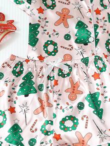 2pcs Satin Pajama Set, Christmas Tree & Gingerbread Man Print Short Sleeve Lapel Top And Bow Shorts, Women Sleepwear & Loungewear Suitable For Christmas - Màu be - Xem 5