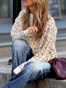 2025 Autumn/Winter New Women Casual Commuter Leopard Print Knitted Button Cardigan, Daily Autumn/Winter Long Sleeve Sweater - Apricot - View 4