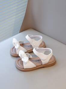 New Girls Flat Sandals With Rhinestone, Pearl & Bow Design, Soft Non-Slip Soles, Lightweight & Comfortable, Versatile & Elegant For Summer - Beige - View 6