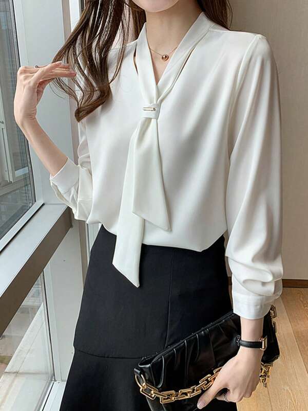 Plus Size Women Solid Color Bow V-Neck Chiffon Shirt Classy Office Formal Wear Long Sleeve Business Blouses