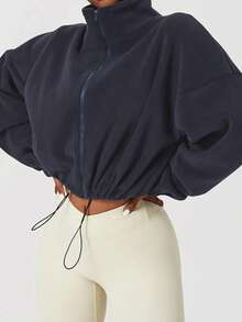 女式冬季长袖立领羊毛拉链短款夹克 - 藏蓝色 - 查看 5