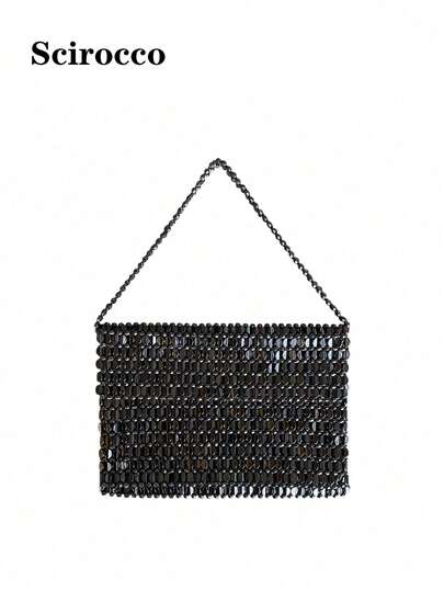 Handmade Silver Sequin Flat Bead Handbag, Underarm Bag, Shiny Silver Woven Handbag, Bridal Envelope Bag, Evening Party Handbag