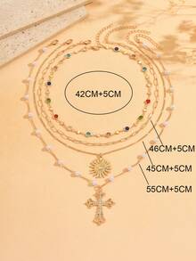 4pcs/Set Luxury Gold Chain Multilayer Necklace With Colorful Glass Beads & Cross Pendant, Suitable For Daily Wear, Party, Music Festival, Handmade Length Adjustable
