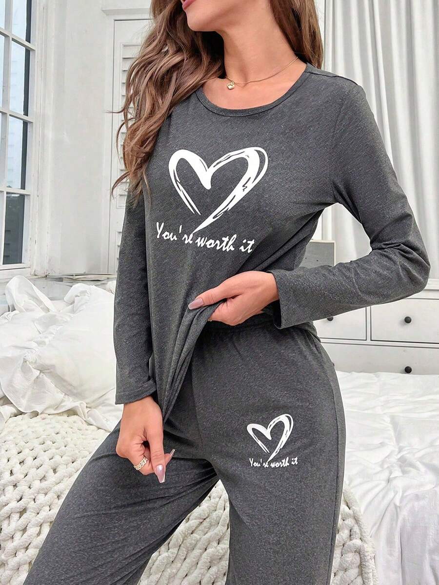 Women's Pajama Set 2 Piece: Soft Long Sleeve Sleep Shirt +  Long Pants With Elastic Waistband For Sleeping - Xám - Xem 1