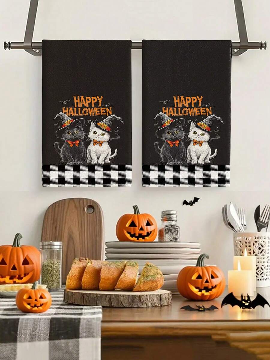 2pcs/4pcs/12pcs Halloween Cute Cat Pattern Kitchen Towels, Halloween Ghost Car Pattern Bathroom Towels, Halloween Outdoor Party Towels, Halloween Home Decor, Halloween Kitchen Decor, Modern Style, Quick Drying, Super Soft Microfiber Material, Rectangular, 15.75IN*23.62IN/40*60CM Digital Printing Pattern, Suitable For Outdoor Party Decoration, Halloween Holiday Gifts