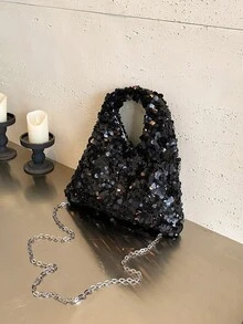 1pc Elegant Beige Sequin Embellished Minimalist Shiny Handbag, Suitable For Formal Events, Parties, Dates