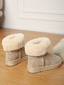 女士风格雪地靴，纯色毛领装饰，保暖内衬，短筒，保暖雪地靴，时尚平底，毛绒内衬，冬靴，黑色，卡其色，防滑，舒适雪地靴 - 卡其色 - 查看 8