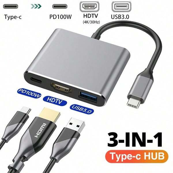 3in1 Hub Type C To HDTV Adapter 4K Output HDTV Adapter PD100W Type C Fast Charging USB 3.0 Data Transfer Converter
