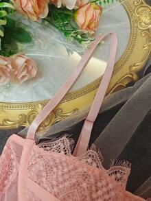 Lace Bustier Corset | Mesh Insert Spaghetti Straps Slim Fit Top - Pink - View 6