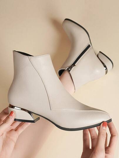 1 Pair Teens/Women's Beige Pointed Toe Ankle Boots, Chunky Heel, Side Zipper, Minimalist & Comfortable, Versatile Fashion Boots For Students & Party