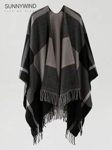 1 pezzo Poncho plaid versatile, elegante per pendolarismo, casual e abbigliamento da lavoro, autunno/inverno - nero - Visualizzare 4