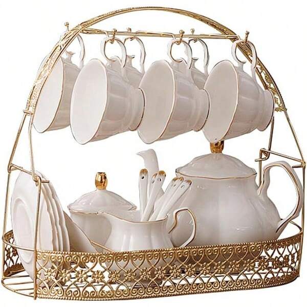 Fanquare 15 Pieces Simple White English Ceramic Tea SetsTea Pot Bone China Cups Without Metal Holder Matching Spoons Afternoon Tea Set Service Coffee Set