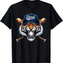 Detroit Tiger Graphic Men's T-Shirt - Vintage Style Cotton Crew Neck Tee With Baseball Bat Design, Black Casual Sportswear For All Seasons - 黑色 - 查看 1