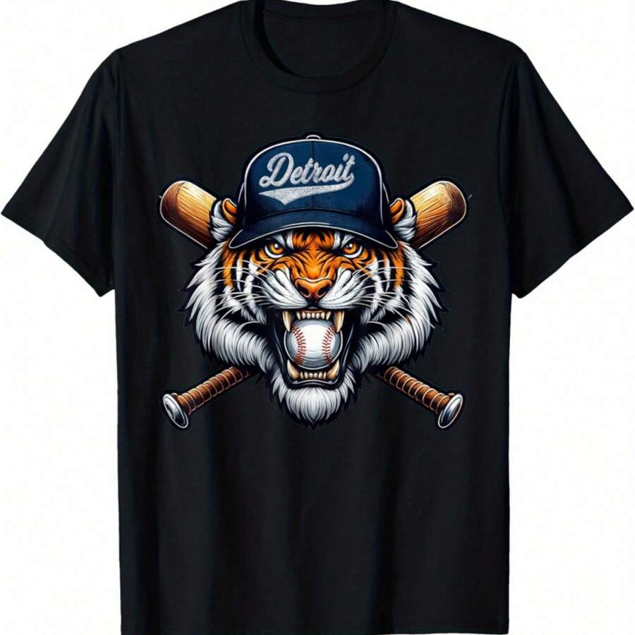 Detroit Tiger Graphic Men's T-Shirt - Vintage Style Cotton Crew Neck Tee With Baseball Bat Design, Black Casual Sportswear For All Seasons - 黑色 - 查看 1