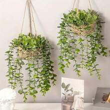 1/2PCS Artificial Eucalyptus Hanging Plant - 12.6 Inch Fake Greenery In Woven Basket, All-Season Home Decor For Living Room, Bedroom, Porch - Holiday Decor (Christmas, Halloween, Easter, Thanksgiving) - Indoor/Outdoor Use - màu xanh lá - Xem 2
