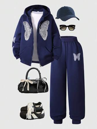 2pcs Girls Butterfly Print Jacket Set, Sweet Style Suitable For Autumn