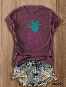 1PC, Women'S Pink T-Shirt With Pineapple Graphic - Soft Blend, Short Sleeve, Round Neck, Casual Summer Top, Perfect For Beach Or Vacation Outfits, Casual Summer Top |   Pineapple Graphic Tee |   Blend FabricS-XXL - crimson - 查看 2