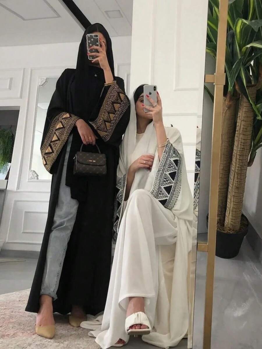 1 chiếc váy Abaya hở thời trang có cổ tay áo thêu tinh xảo, phù hợp cho trang phục hàng ngày của phụ nữ Hồi giáo, mặc được mọi mùa - Nhiều màu - Xem 1