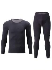 2 件男士时尚秋季保暖内衣套装，秋冬保暖棉针织打底衫 - 灰色 - 查看 2