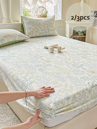 2/3-delars dra-på-lakanset, blått/grönt monsterabladstryck, mjukt och andningsbart polyester, tropisk regnskog/nordisk stil, passar twin-/dobbelsäng/queen size-säng, inkluderar 1 st dra-på-lakan, 1 st/2 st örngott (utan fyllning)