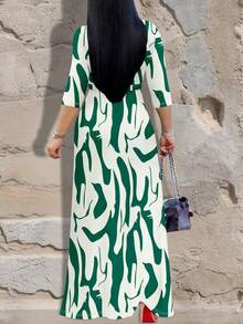 Deep V-Neck Elegant Short Sleeve Dress, Women Summer Clothing - Green - View 2