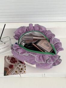 Borsa per trucchi in tessuto morbido a quadri con stampa floreale a contrasto e cerniera, pochette cosmetica leggera, organizer da viaggio versatile, accessorio femminile alla moda e bello, essenziale per l'università, elementi essenziali da viaggio per vacanze e viaggi, borsa da viaggio per donne organizer per il trucco
