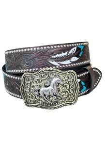 1 pieza Cinturón (PU) con patrón de caballo y remaches estilo vaquero occidental, adecuado para uso diario, regalo perfecto para otoño, Halloween - Café - Ver 5