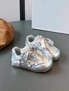 1 Pair Girls' Bow PU Hook And Loop Design Flat Cute Sneakers, Suitable For Spring And Autumn - Silver - View 2
