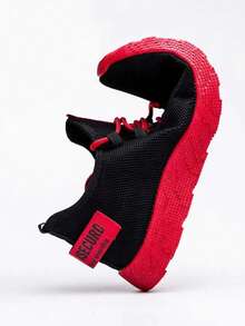 1 Pair Men's Sports Shoes, Breathable Casual Shoes, Competition Shoes, Fashionable Casual Running Shoes (Random/Asymmetrical Pattern On Shoe Upper/Heel/Side Strap) - Black and Red - View 5