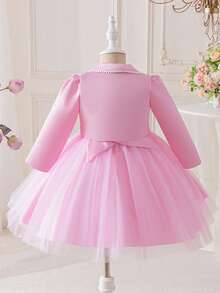 2pcs Girls Autumn Outfit: Pink Lace Patchwork Tulle Princess Dress & Jacket Set, Handmade 3D Floral Mesh Tulle Dress For Girls, Suitable For Birthday Party, Wedding, Piano Recital, Special Occasions - Pink - View 3