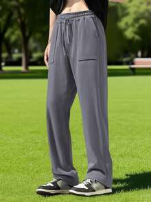 Men's Drawstring Linen Pants With Pockets Stylish Solid Casual Mid Rise Wide Leg Trousers For Spring/Autumn - Grey - View 5
