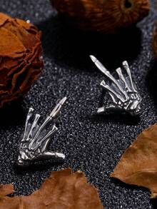 1 Pair S925 Gothic Series Skeleton Finger Shaped Silver Stud Earrings, Suitable For Halloween/Party/Gathering, Halloween Gift For Lover, Family, Friends, Women's Jewelry