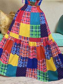 Plus-Size-Holiday Chic Bohemian Plaid Print Patchwork Elastic Waist Waist Side Pocket Half Skirt. - Pink - View 2