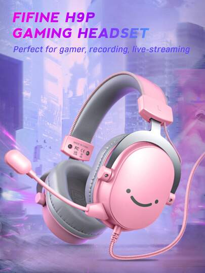 USB Gaming Headset, PC Over-Ear Wired Streaming Headset With 3.5mm Jack, Detachable Microphone, 7.1 Surround Sound, Control Box, Passive Noise Cancellation, For -FIFINE H9 Pink
