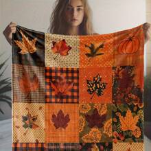 Manta reversible de poliéster ligera con estampado de hojas de arce y calabaza en estilo vintage, adecuada para sofá, ropa de cama, camping, viajes, todo el año