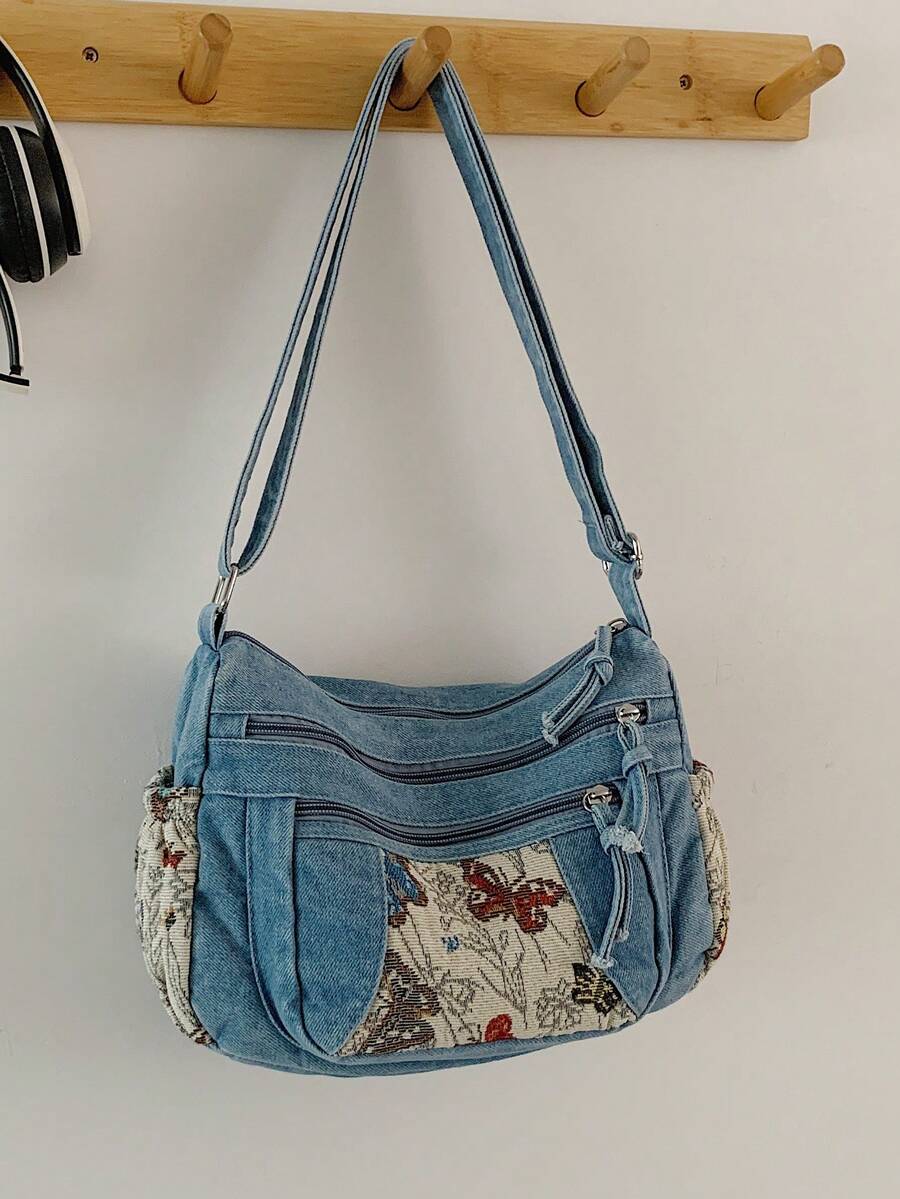 新款休闲时尚柔软牛仔布多层斜挎包，多口袋设计，多功能通勤大容量女士单肩包，适合工作通勤、购物和旅行，是牛仔女孩的完美之选。