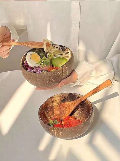 1 PIEZA, Cuenco de coco natural hecho a mano, Cuenco grande para ensalada, Cuenco para smoothies de verano, Cuenco para cereales de desayuno, Cuenco de servir de madera para picnics en la playa, Cuencos de acai en vacaciones, Decoración de fiesta tropical, Utensilios de cocina para una alimentación saludable, Apto para veganos, Adultos, Regalo único, Útiles escolares, Adecuado para regalar a familiares y amigos