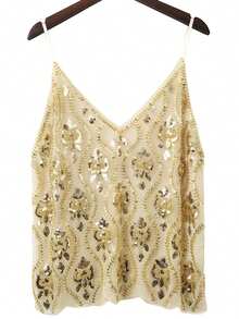 Women's Summer Slim Camisole Sparkly Sequin Spaghetti Strap V-Neck Sheer Mesh Tank Tops Streetwear - 紫紅色 - 查看 4