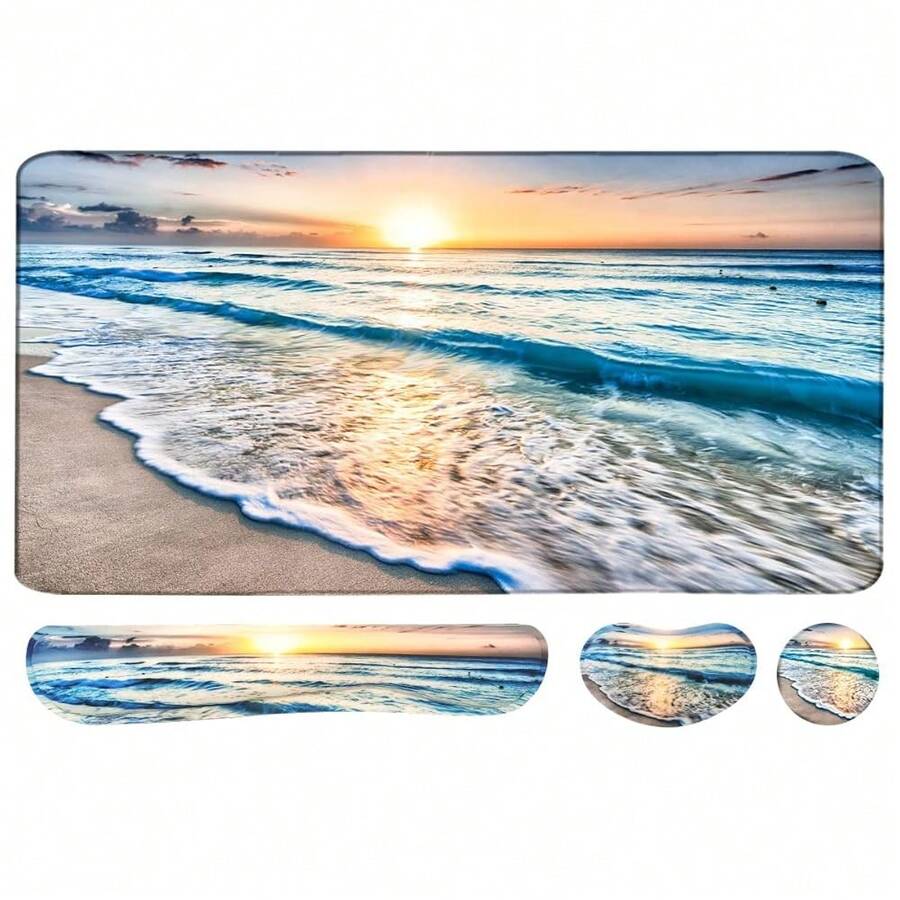 Large Keyboard Mouse Pad Set, Extended Mouse Pad+Keyboard Wrist Rest Support, Memory Foam Ergonomic Easy Typing, 4Pcs (35.4*15.9 In) Desk Pad Set For Home Office Study Game - Colorful-671326 - Beach - 查看 1