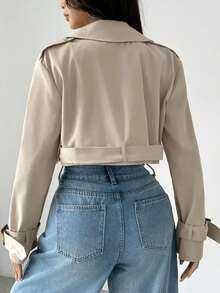 Women's Casual Everyday Belted Button-Up Short Sleeve Solid Color Khaki Trench Coat, Spring/Autumn/Winter