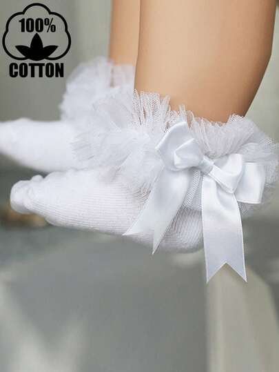 1 Pair Girls' Cotton Solid Color Double Layer Bow Ruffle Socks, Princess Style Short Socks, Breathable For Spring/Summer