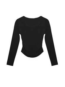 Women Square Neck Pullover T-Shirt, Wrinkle Design Fitted Short Crop Top - Black - View 4