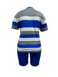 Plus Size Women's Fashion Two-Piece Suit, Round Neck Short-Sleeved Top And Shorts Set, Striped Print Short-Sleeved Shorts Two-Piece Suit - Màu xanh lam - Xem 2