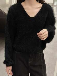女士 V 领毛衣，柔软仿貂皮休闲长袖上衣