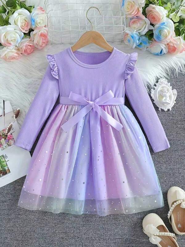 Girls' Elegant Ombre Sheer Long Sleeve Dress, With Silver Sequin & Bow Details, Cartoon Pattern Princess Dress For Autumn/Winter